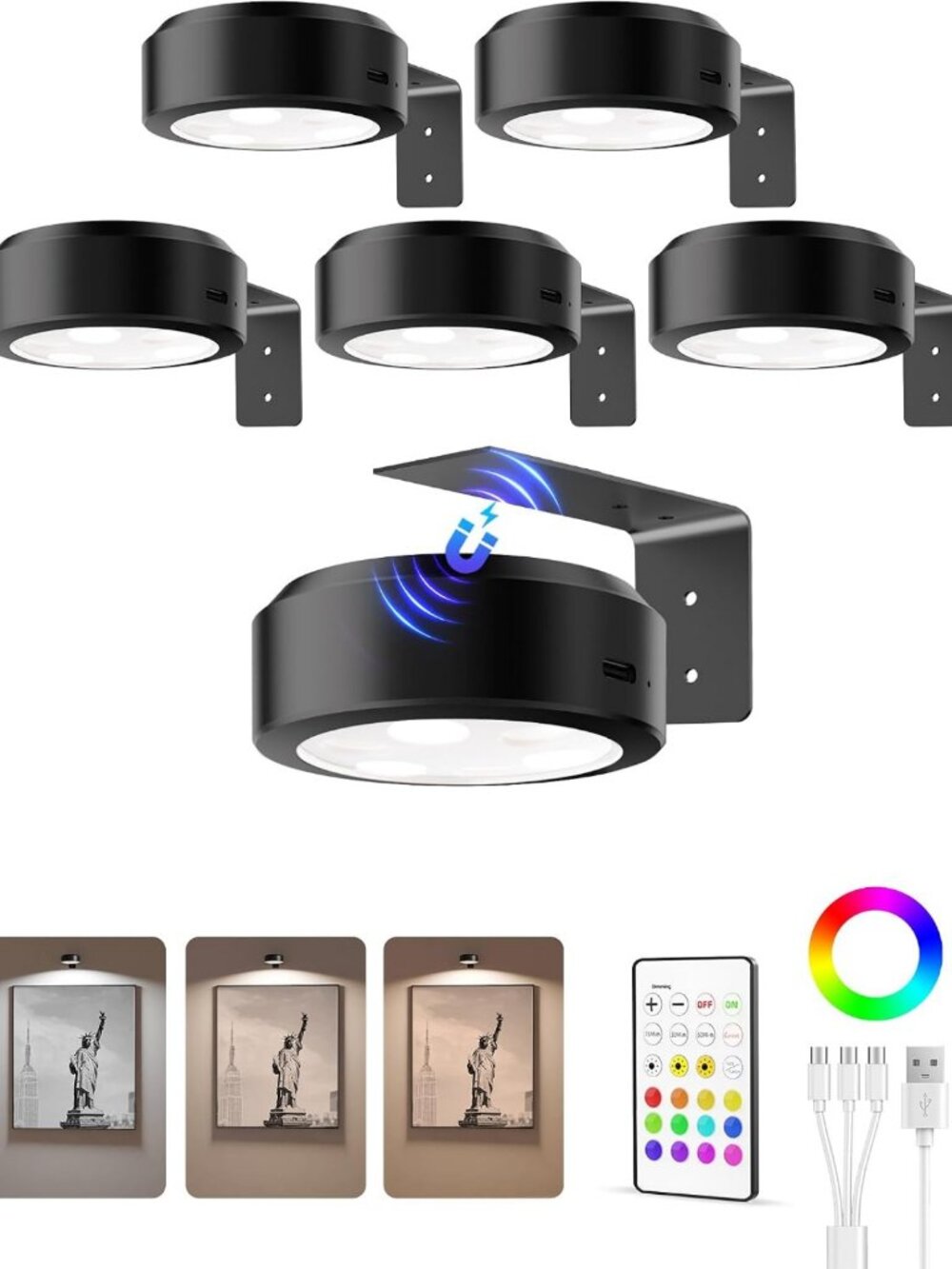 Rechargeable Magnetic Picture Lights - Dimmable RGB Wall Decor, 3 Color Temps (6